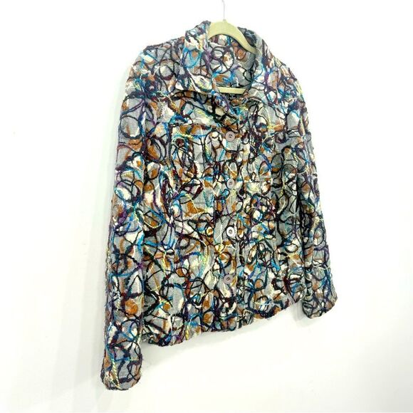 KakTus Gray Colorful All Over Yarn Embellished Button Front Blazer Jacket - Picture 4 of 16